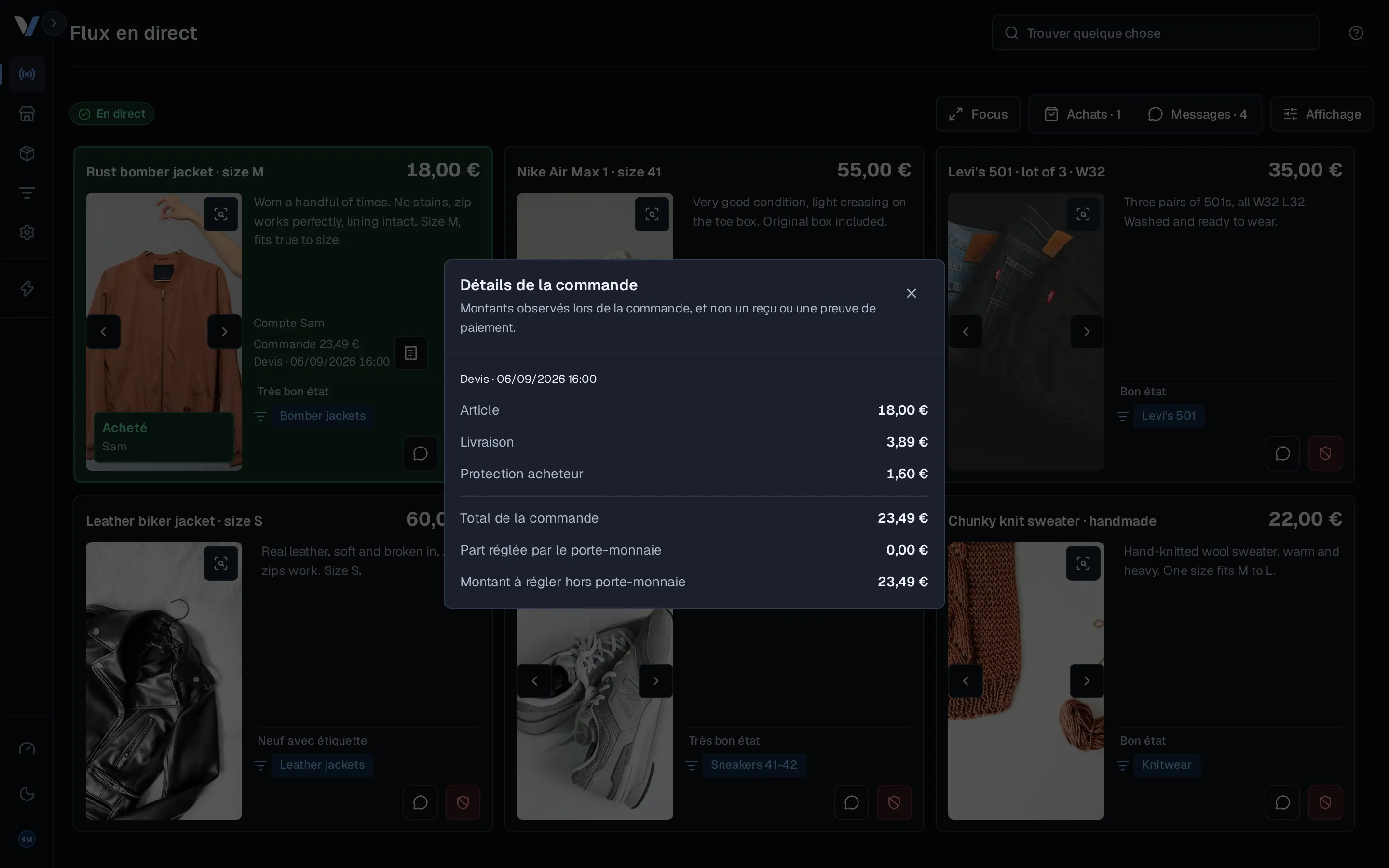 Le détail d’un achat dans Vinds : article, livraison, frais Vinted et total