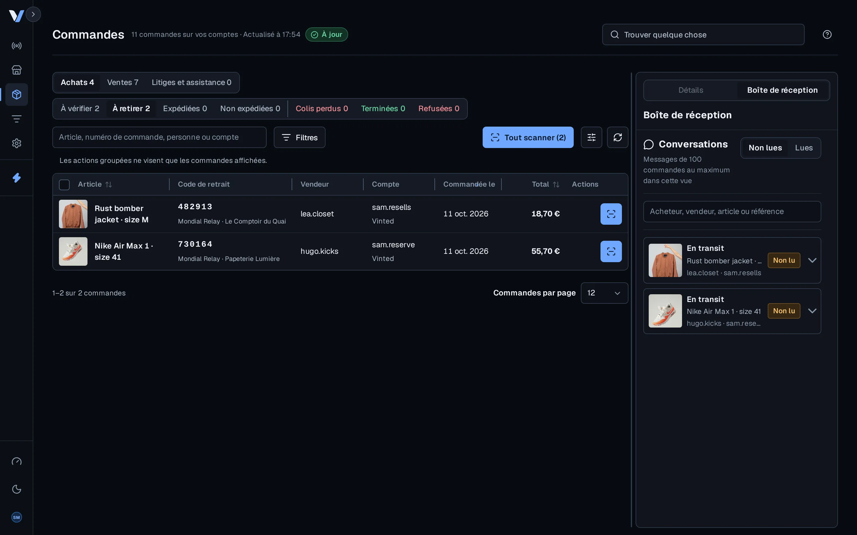 Le tableau des commandes de Vinds avec les codes de retrait et la messagerie
