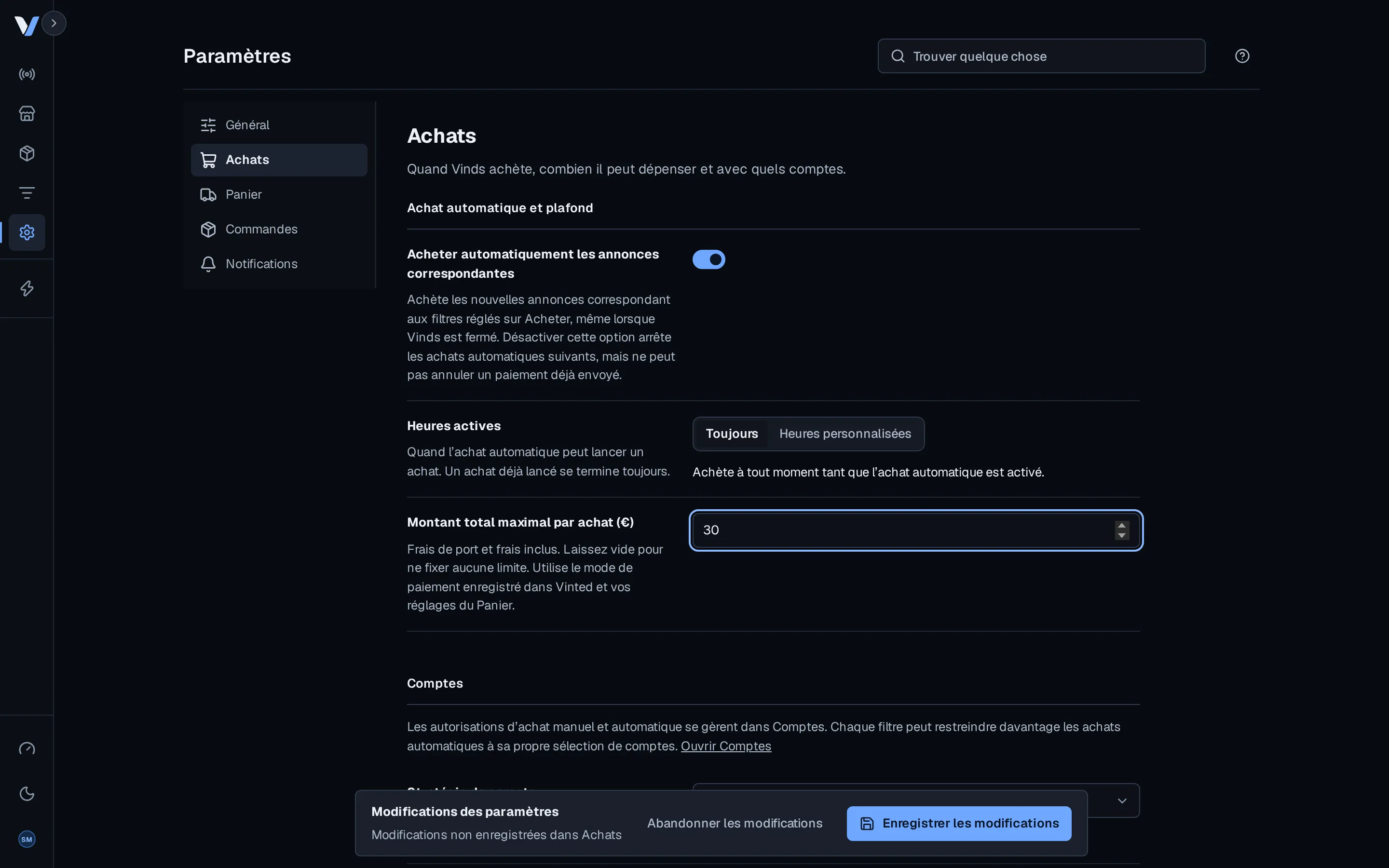 Les réglages d’achat de Vinds : achat automatique, heures actives et montant total maximal