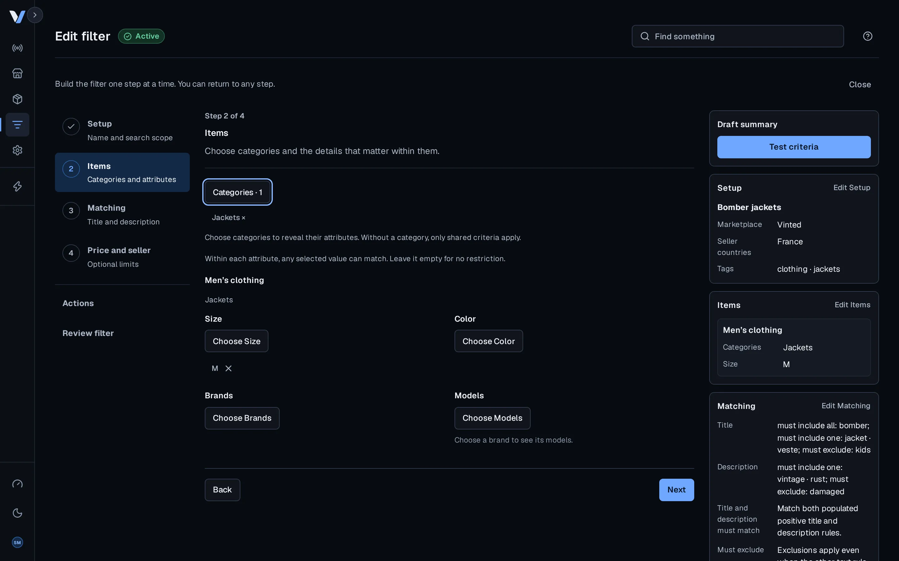 The Vinds filter editor, on the Items step, with its draft summary