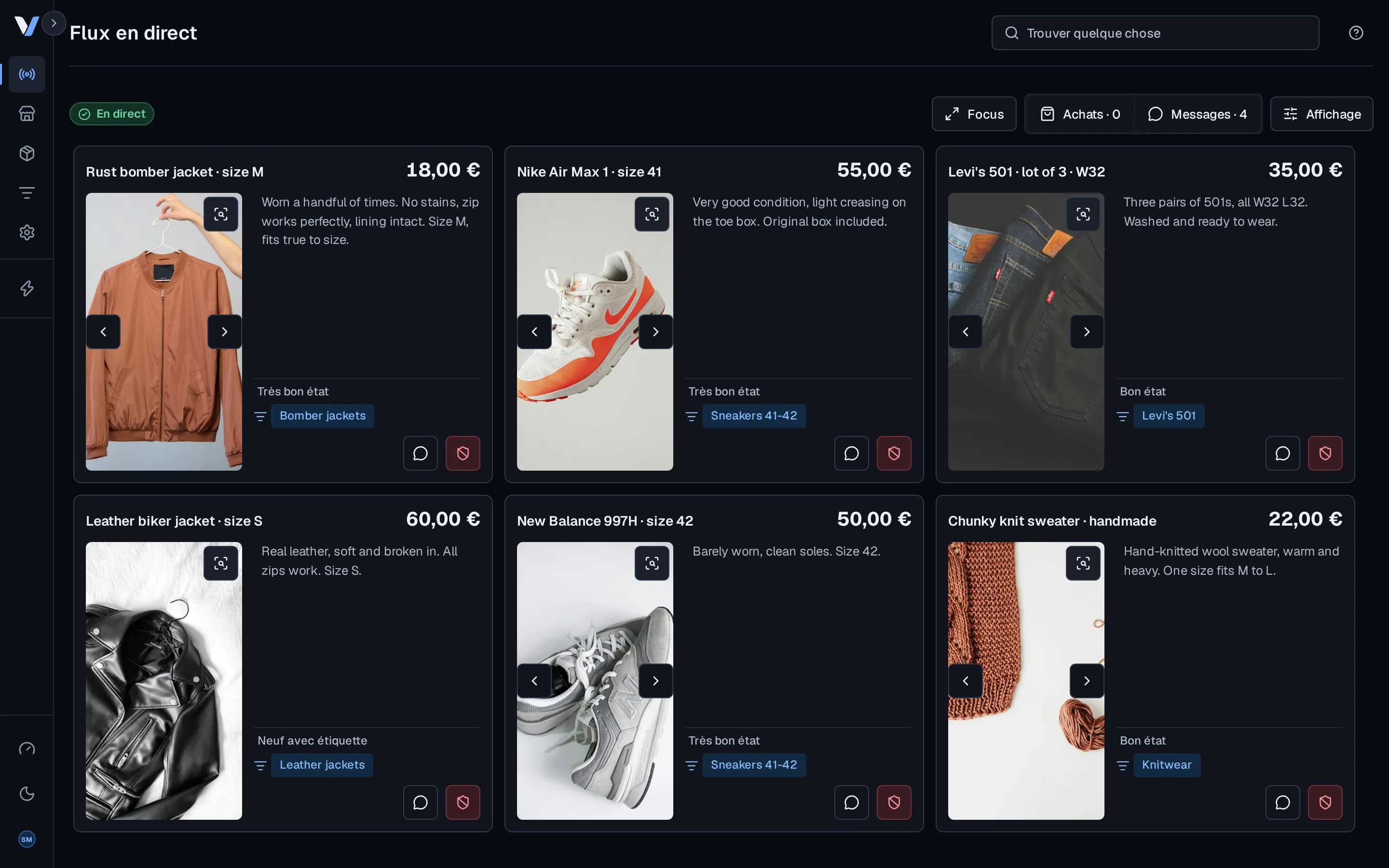 Le flux en direct de Vinds avec des annonces Vinted repérées