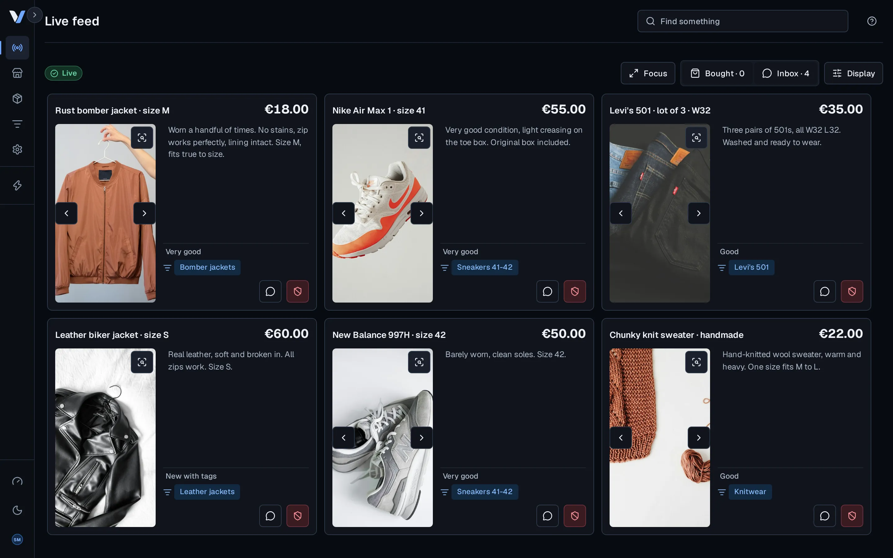The Vinds live feed with matched Vinted listings
